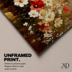 A panoramic painting of a wildflower meadow featuring red poppies and soft white blossoms clustered together, rendered in an impressionistic style with textured brushstrokes, warm earthy tones, and blended light that creates depth and movement across a wide floral landscape composition.
