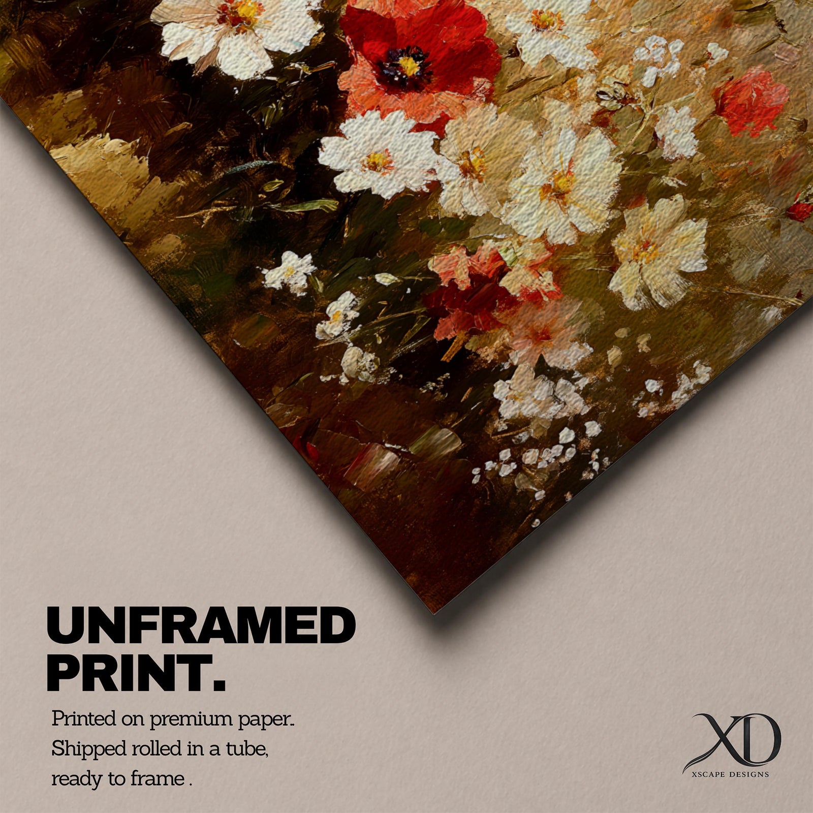 A panoramic painting of a wildflower meadow featuring red poppies and soft white blossoms clustered together, rendered in an impressionistic style with textured brushstrokes, warm earthy tones, and blended light that creates depth and movement across a wide floral landscape composition.