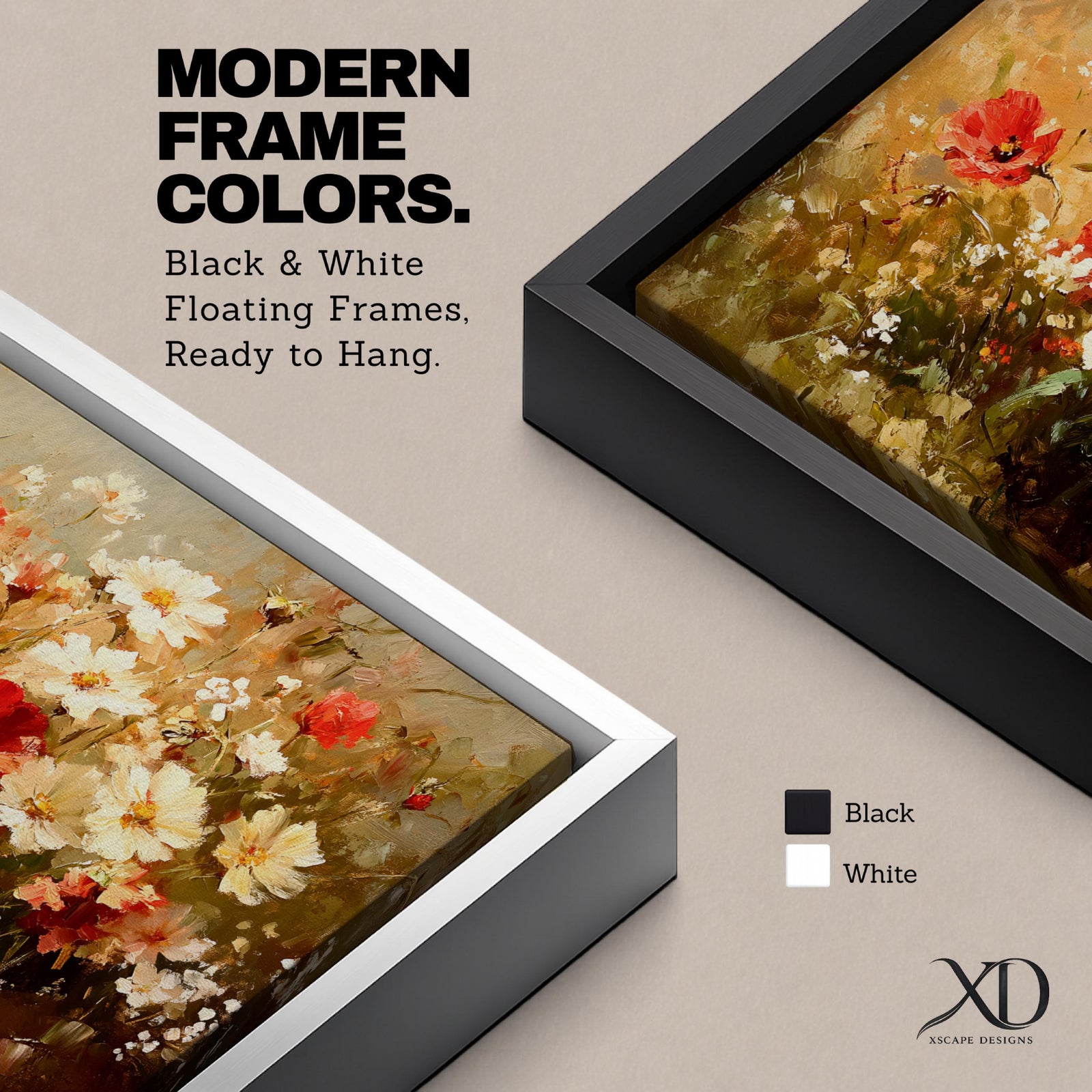 A panoramic painting of a wildflower meadow featuring red poppies and soft white blossoms clustered together, rendered in an impressionistic style with textured brushstrokes, warm earthy tones, and blended light that creates depth and movement across a wide floral landscape composition.