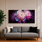 A panoramic painting of soft pink and white peony flowers in full bloom, rendered with layered petals and luminous highlights against a deep dark background, using a painterly style with smooth blending and subtle texture to create depth and contrast across an extra wide floral composition.