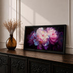A panoramic painting of soft pink and white peony flowers in full bloom, rendered with layered petals and luminous highlights against a deep dark background, using a painterly style with smooth blending and subtle texture to create depth and contrast across an extra wide floral composition.