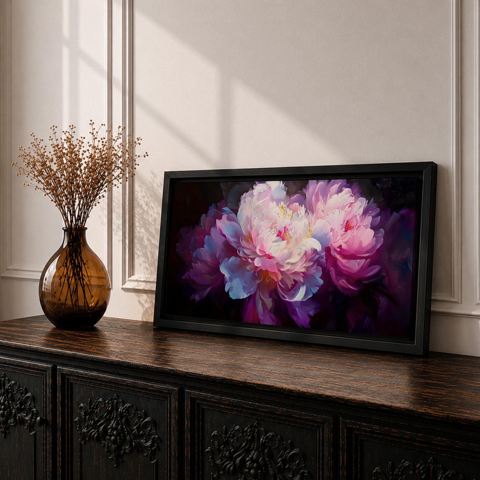 A panoramic painting of soft pink and white peony flowers in full bloom, rendered with layered petals and luminous highlights against a deep dark background, using a painterly style with smooth blending and subtle texture to create depth and contrast across an extra wide floral composition.