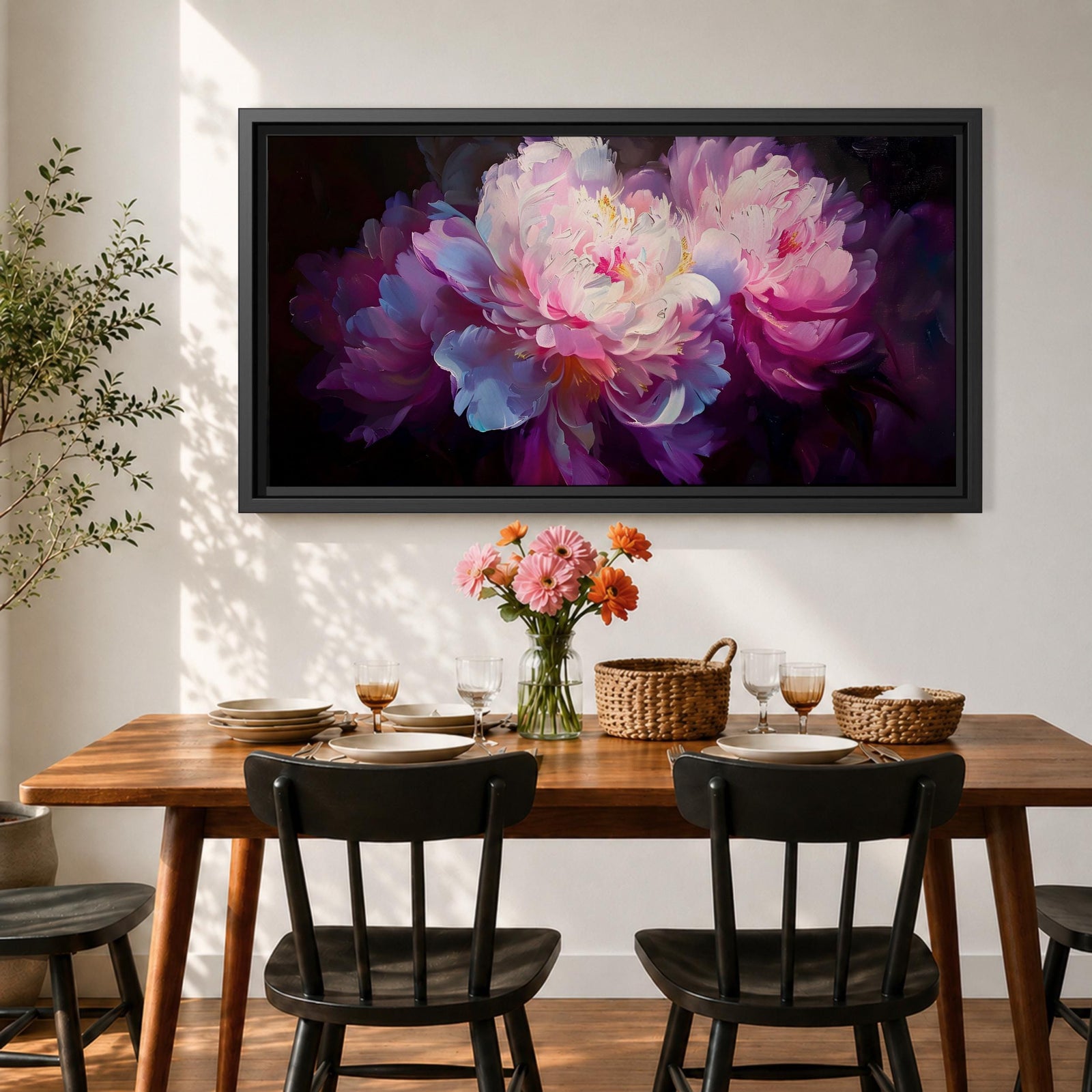 A panoramic painting of soft pink and white peony flowers in full bloom, rendered with layered petals and luminous highlights against a deep dark background, using a painterly style with smooth blending and subtle texture to create depth and contrast across an extra wide floral composition.