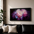 A panoramic painting of soft pink and white peony flowers in full bloom, rendered with layered petals and luminous highlights against a deep dark background, using a painterly style with smooth blending and subtle texture to create depth and contrast across an extra wide floral composition.