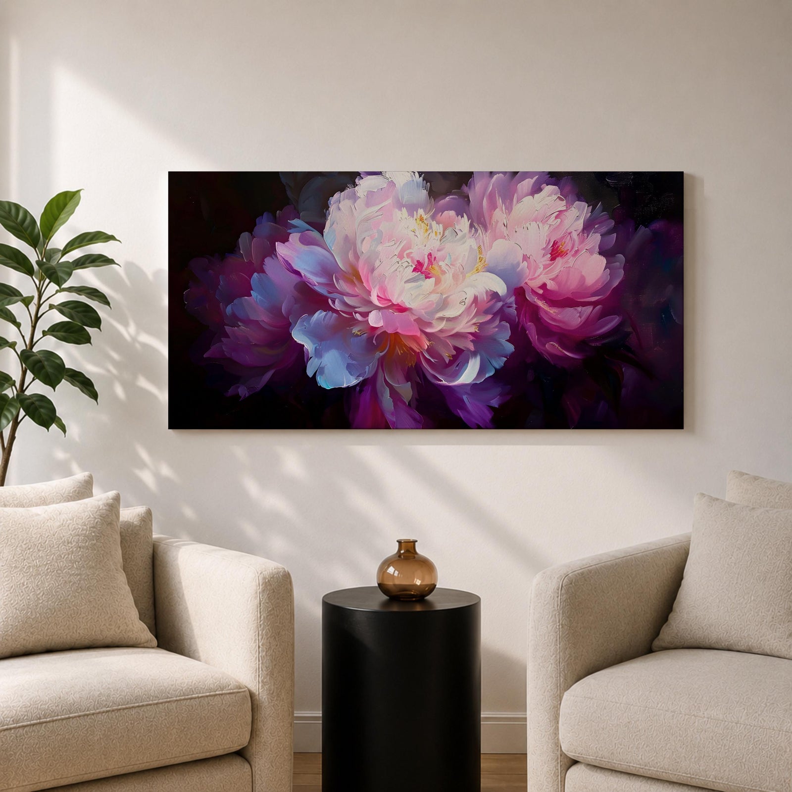 A panoramic painting of soft pink and white peony flowers in full bloom, rendered with layered petals and luminous highlights against a deep dark background, using a painterly style with smooth blending and subtle texture to create depth and contrast across an extra wide floral composition.