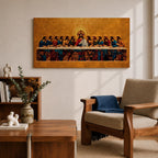 A panoramic painting of the Last Supper with Jesus seated at the center surrounded by his disciples, rendered in a gold mosaic inspired style with textured surfaces, rich warm tones, and detailed figures arranged along a long table, creating symmetry and depth across a wide composition.
