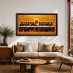 A panoramic painting of the Last Supper with Jesus seated at the center surrounded by his disciples, rendered in a gold mosaic inspired style with textured surfaces, rich warm tones, and detailed figures arranged along a long table, creating symmetry and depth across a wide composition.