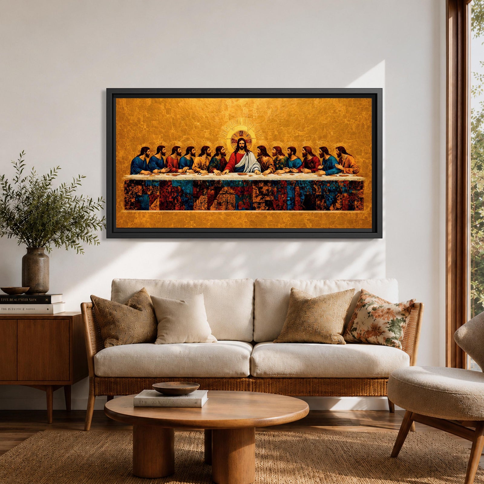 A panoramic painting of the Last Supper with Jesus seated at the center surrounded by his disciples, rendered in a gold mosaic inspired style with textured surfaces, rich warm tones, and detailed figures arranged along a long table, creating symmetry and depth across a wide composition.