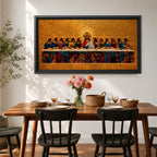 A panoramic painting of the Last Supper with Jesus seated at the center surrounded by his disciples, rendered in a gold mosaic inspired style with textured surfaces, rich warm tones, and detailed figures arranged along a long table, creating symmetry and depth across a wide composition.