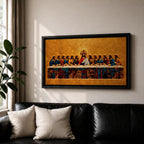 A panoramic painting of the Last Supper with Jesus seated at the center surrounded by his disciples, rendered in a gold mosaic inspired style with textured surfaces, rich warm tones, and detailed figures arranged along a long table, creating symmetry and depth across a wide composition.