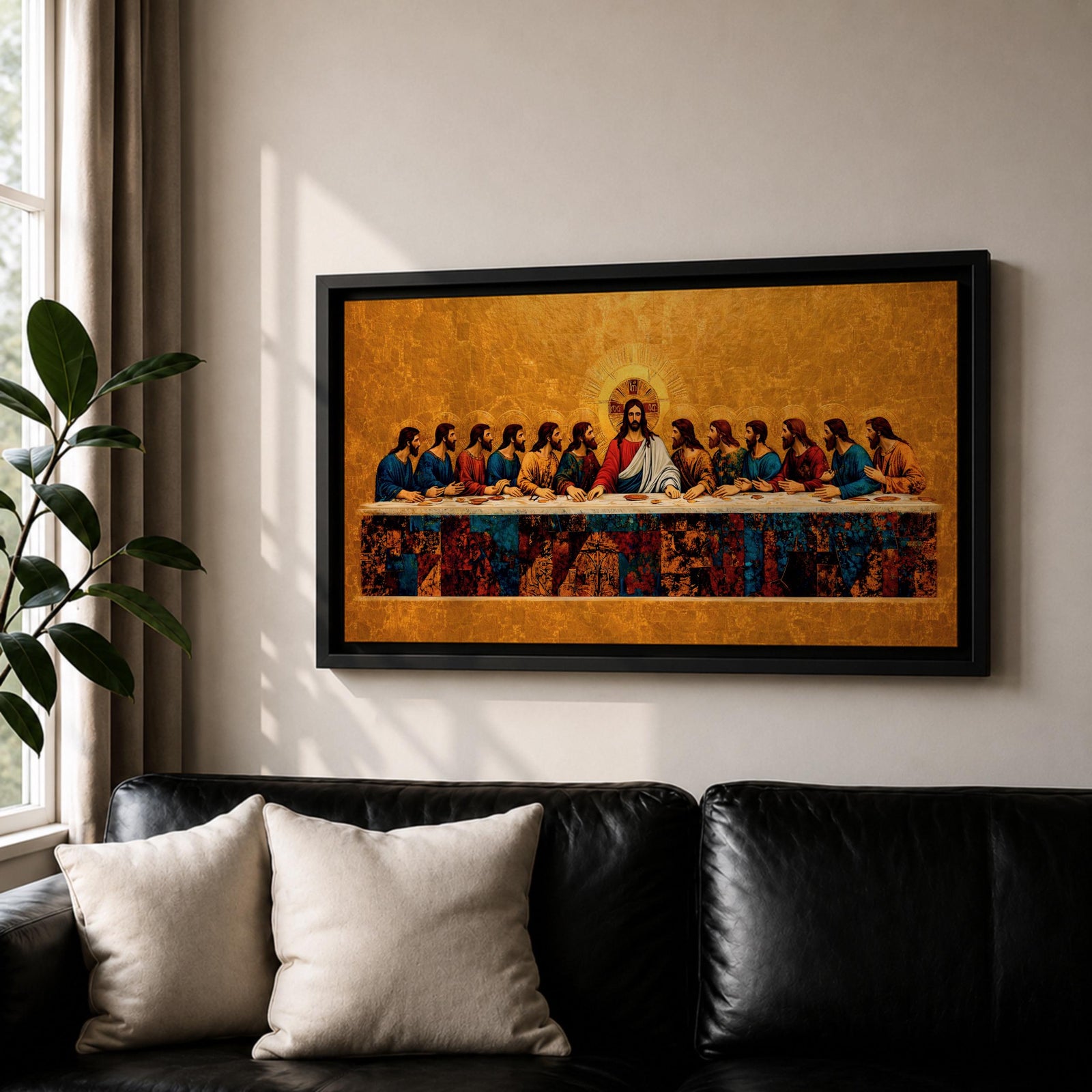 A panoramic painting of the Last Supper with Jesus seated at the center surrounded by his disciples, rendered in a gold mosaic inspired style with textured surfaces, rich warm tones, and detailed figures arranged along a long table, creating symmetry and depth across a wide composition.