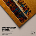 A panoramic painting of the Last Supper with Jesus seated at the center surrounded by his disciples, rendered in a gold mosaic inspired style with textured surfaces, rich warm tones, and detailed figures arranged along a long table, creating symmetry and depth across a wide composition.