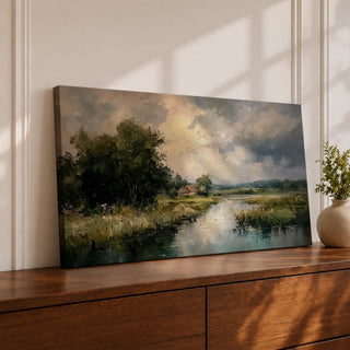 A panoramic painting of a quiet countryside river winding through grassy fields, with trees clustered along the bank and a distant cottage beneath a cloudy sky, rendered in a soft impressionistic style with textured brushstrokes and muted natural tones across a wide landscape composition.