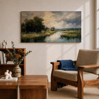A panoramic painting of a quiet countryside river winding through grassy fields, with trees clustered along the bank and a distant cottage beneath a cloudy sky, rendered in a soft impressionistic style with textured brushstrokes and muted natural tones across a wide landscape composition.