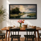 A panoramic painting of a quiet countryside river winding through grassy fields, with trees clustered along the bank and a distant cottage beneath a cloudy sky, rendered in a soft impressionistic style with textured brushstrokes and muted natural tones across a wide landscape composition.