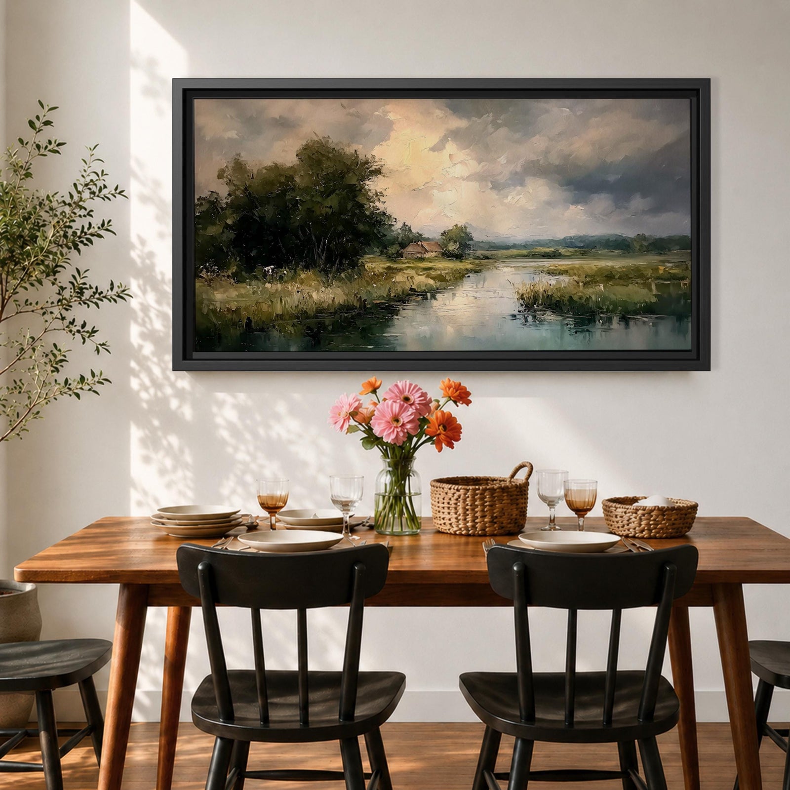 A panoramic painting of a quiet countryside river winding through grassy fields, with trees clustered along the bank and a distant cottage beneath a cloudy sky, rendered in a soft impressionistic style with textured brushstrokes and muted natural tones across a wide landscape composition.