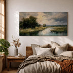 A panoramic painting of a quiet countryside river winding through grassy fields, with trees clustered along the bank and a distant cottage beneath a cloudy sky, rendered in a soft impressionistic style with textured brushstrokes and muted natural tones across a wide landscape composition.