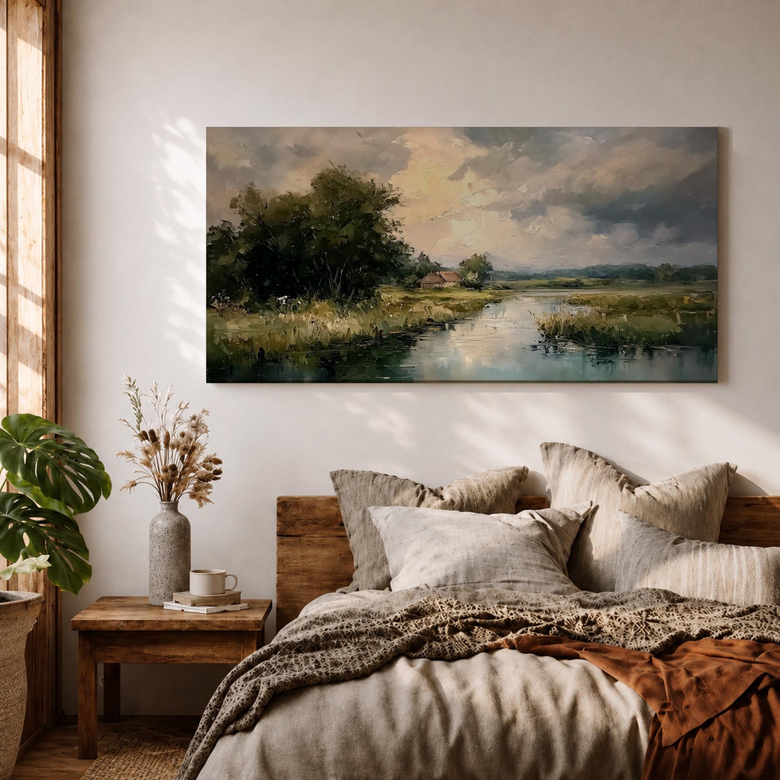 A panoramic painting of a quiet countryside river winding through grassy fields, with trees clustered along the bank and a distant cottage beneath a cloudy sky, rendered in a soft impressionistic style with textured brushstrokes and muted natural tones across a wide landscape composition.