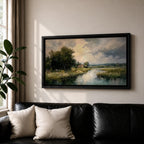 A panoramic painting of a quiet countryside river winding through grassy fields, with trees clustered along the bank and a distant cottage beneath a cloudy sky, rendered in a soft impressionistic style with textured brushstrokes and muted natural tones across a wide landscape composition.