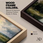 A panoramic painting of a quiet countryside river winding through grassy fields, with trees clustered along the bank and a distant cottage beneath a cloudy sky, rendered in a soft impressionistic style with textured brushstrokes and muted natural tones across a wide landscape composition.