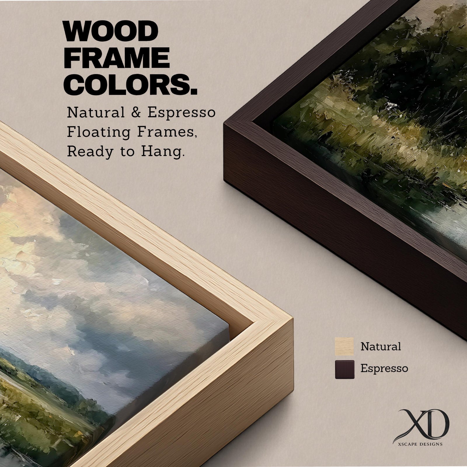 A panoramic painting of a quiet countryside river winding through grassy fields, with trees clustered along the bank and a distant cottage beneath a cloudy sky, rendered in a soft impressionistic style with textured brushstrokes and muted natural tones across a wide landscape composition.
