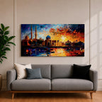 A vibrant panoramic painting of an Islamic city skyline with domes and minarets at sunset, reflecting in water below, rendered in bold expressive brushstrokes with rich orange, blue, and gold tones.