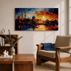 A vibrant panoramic painting of an Islamic city skyline with domes and minarets at sunset, reflecting in water below, rendered in bold expressive brushstrokes with rich orange, blue, and gold tones.
