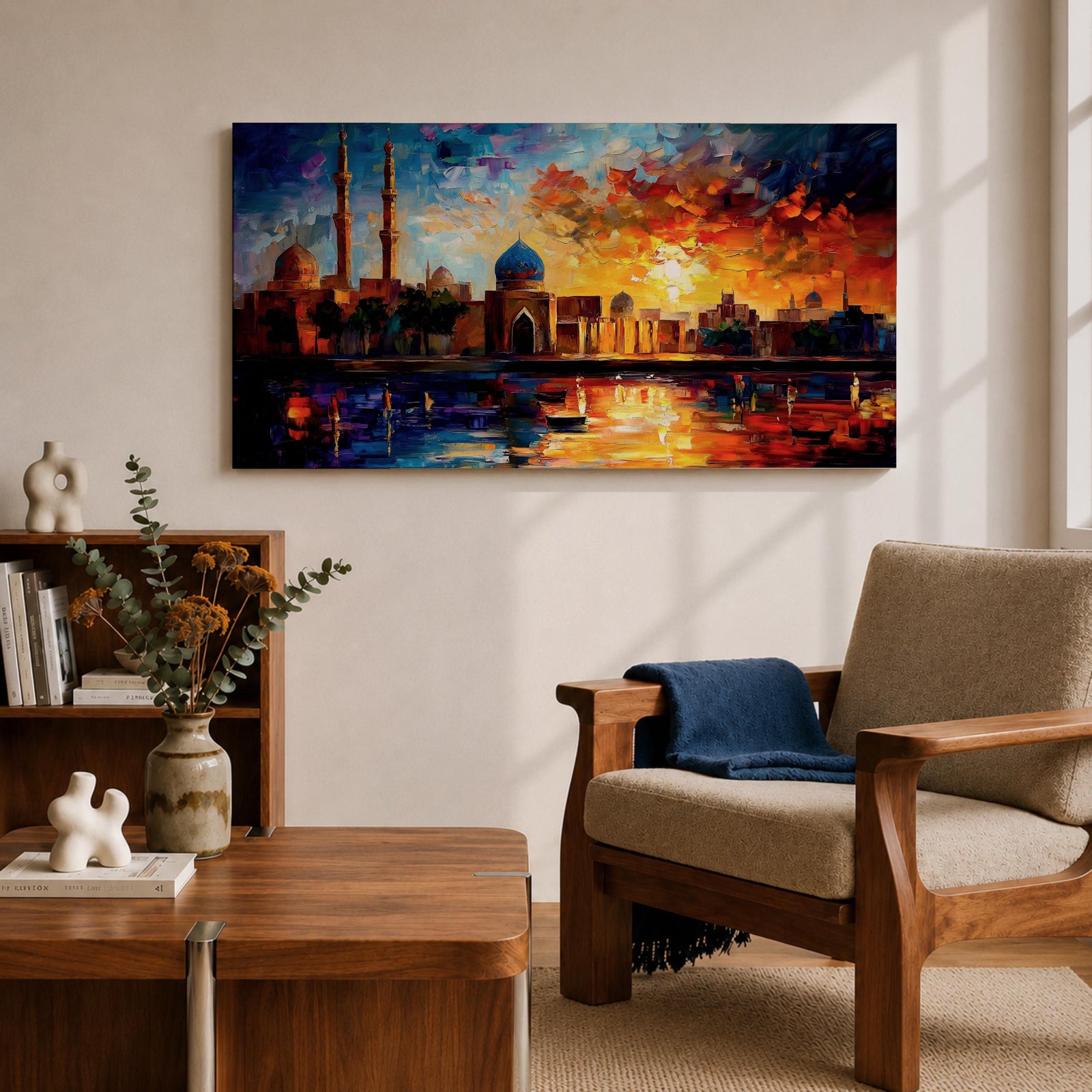 A vibrant panoramic painting of an Islamic city skyline with domes and minarets at sunset, reflecting in water below, rendered in bold expressive brushstrokes with rich orange, blue, and gold tones.
