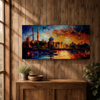 A vibrant panoramic painting of an Islamic city skyline with domes and minarets at sunset, reflecting in water below, rendered in bold expressive brushstrokes with rich orange, blue, and gold tones.