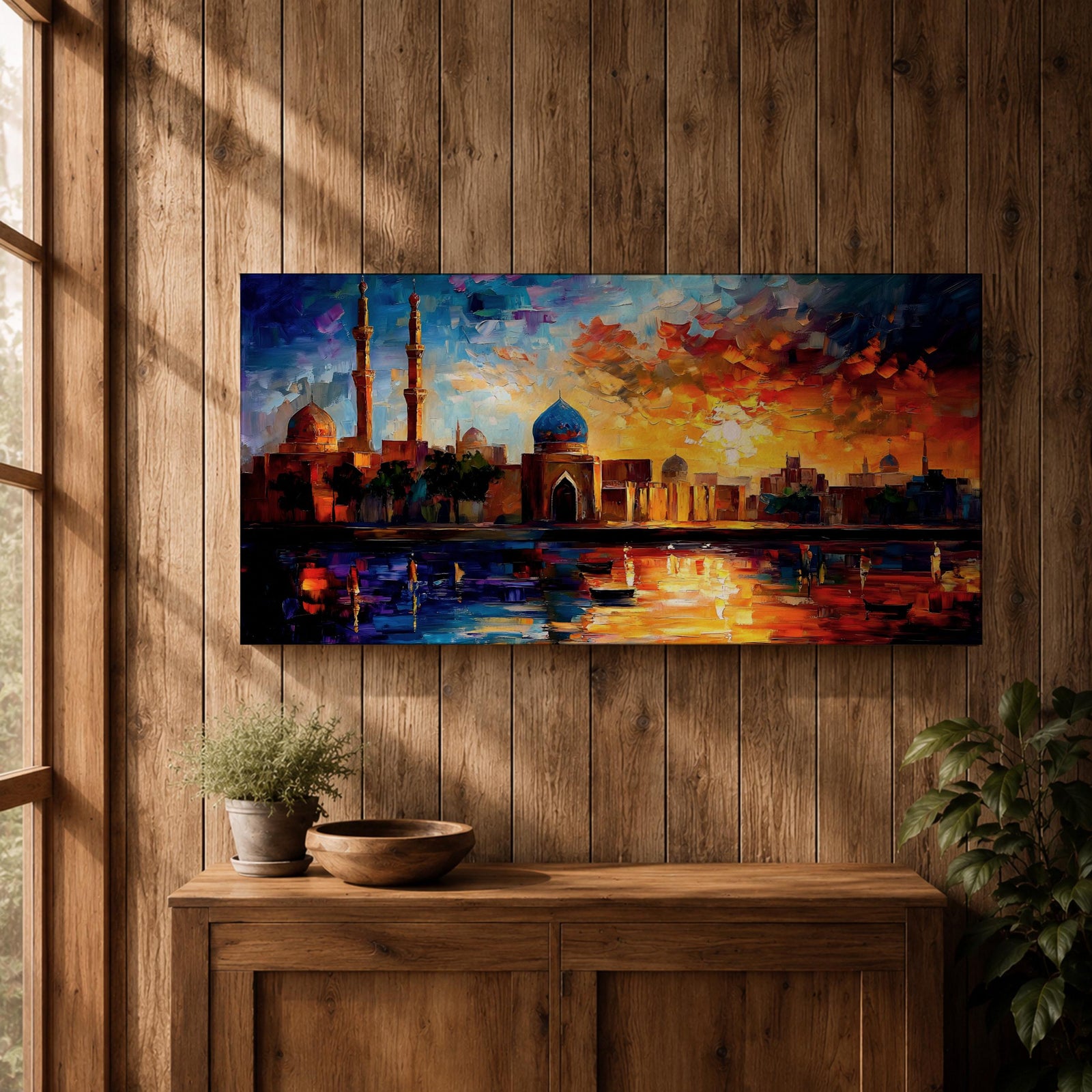 A vibrant panoramic painting of an Islamic city skyline with domes and minarets at sunset, reflecting in water below, rendered in bold expressive brushstrokes with rich orange, blue, and gold tones.