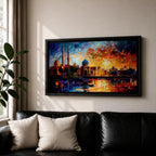 A vibrant panoramic painting of an Islamic city skyline with domes and minarets at sunset, reflecting in water below, rendered in bold expressive brushstrokes with rich orange, blue, and gold tones.