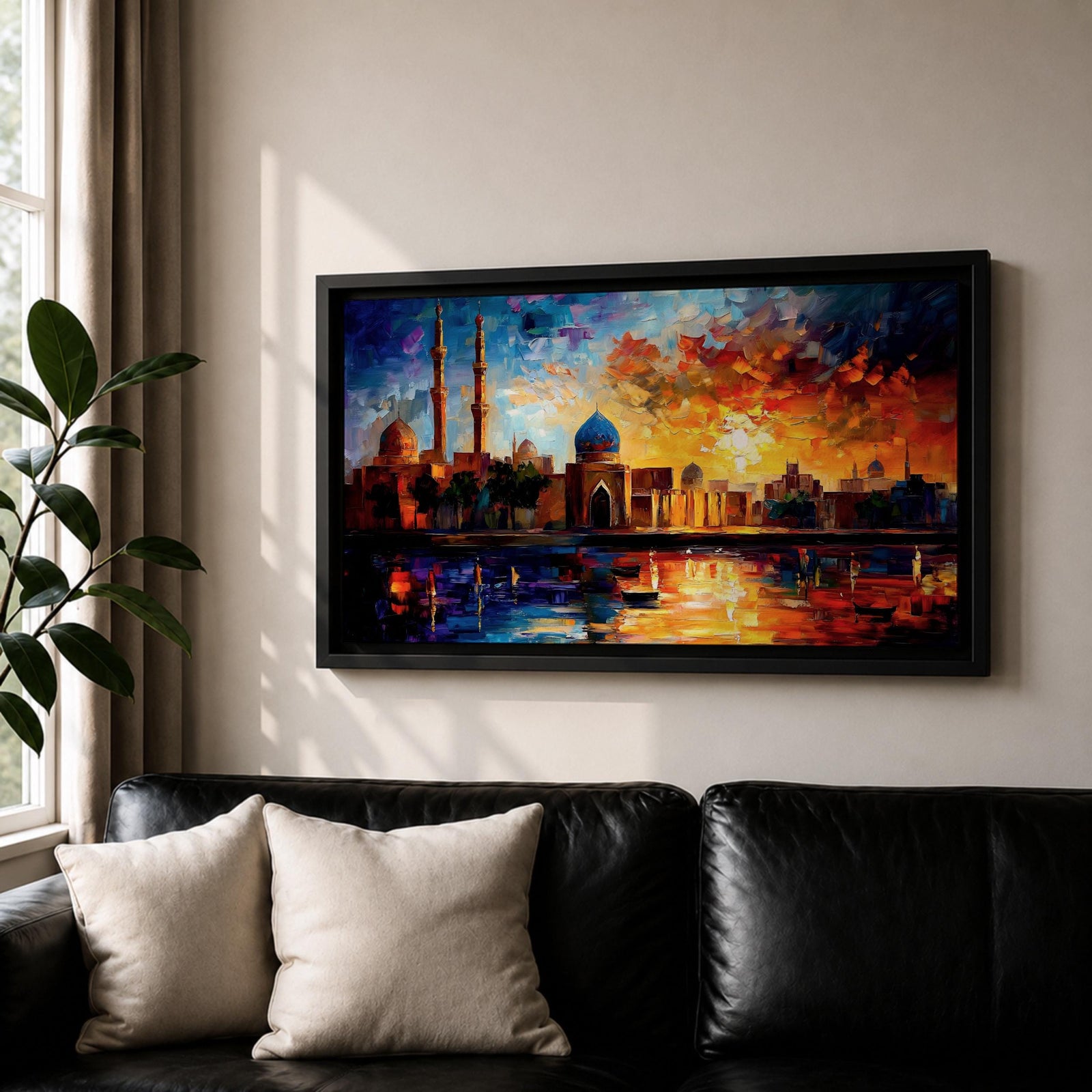 A vibrant panoramic painting of an Islamic city skyline with domes and minarets at sunset, reflecting in water below, rendered in bold expressive brushstrokes with rich orange, blue, and gold tones.