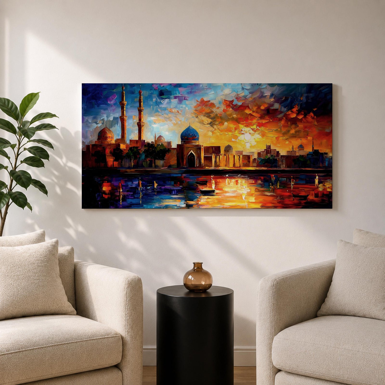 A vibrant panoramic painting of an Islamic city skyline with domes and minarets at sunset, reflecting in water below, rendered in bold expressive brushstrokes with rich orange, blue, and gold tones.