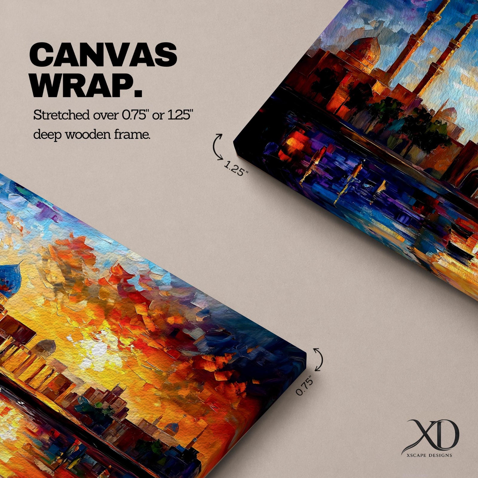 A vibrant panoramic painting of an Islamic city skyline with domes and minarets at sunset, reflecting in water below, rendered in bold expressive brushstrokes with rich orange, blue, and gold tones.