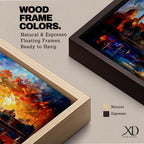 A vibrant panoramic painting of an Islamic city skyline with domes and minarets at sunset, reflecting in water below, rendered in bold expressive brushstrokes with rich orange, blue, and gold tones.