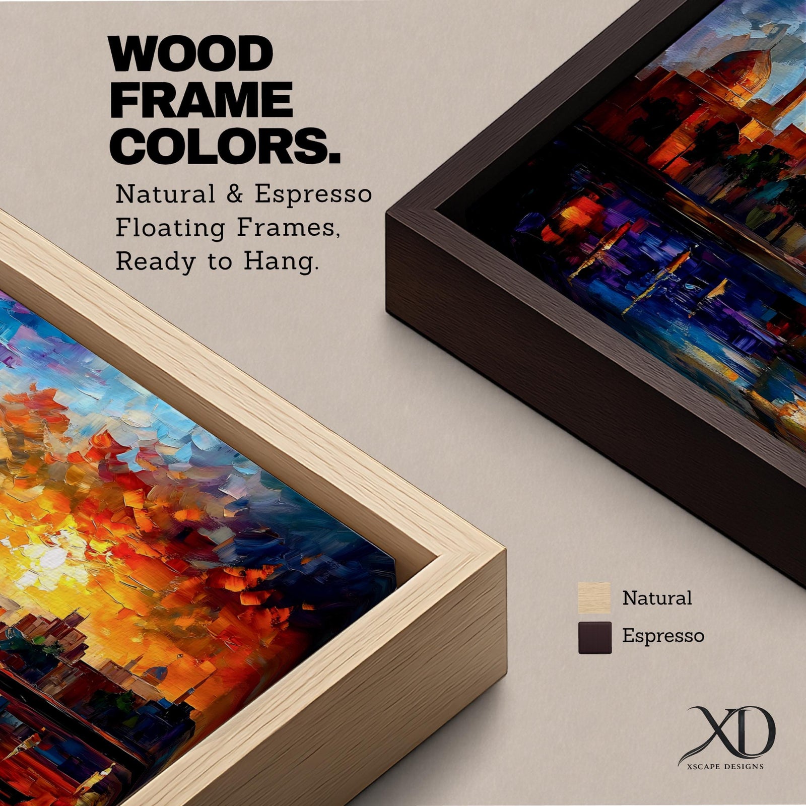 A vibrant panoramic painting of an Islamic city skyline with domes and minarets at sunset, reflecting in water below, rendered in bold expressive brushstrokes with rich orange, blue, and gold tones.