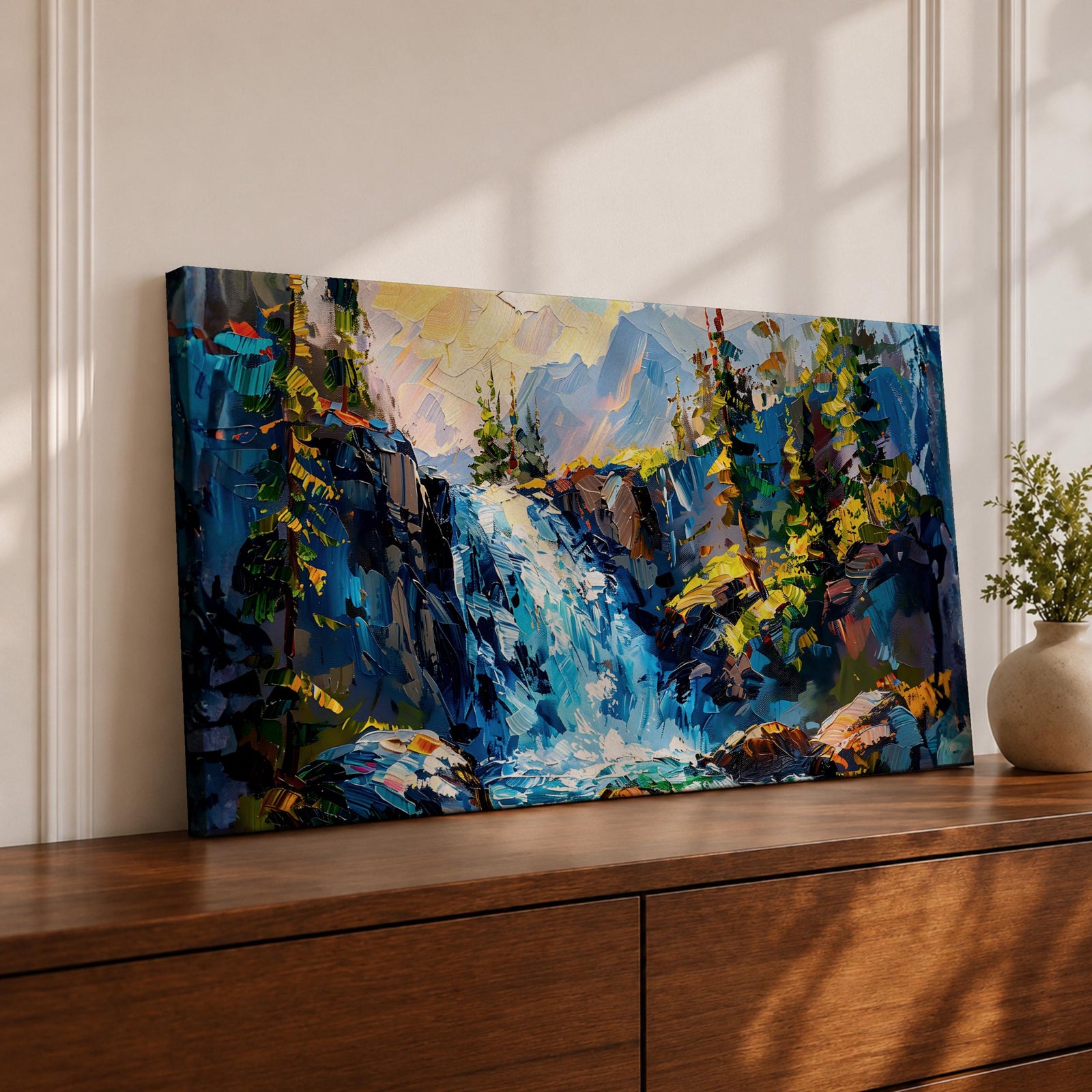 A panoramic abstract landscape painting of a cascading mountain waterfall flowing between rugged cliffs, surrounded by dense evergreen trees and illuminated by soft light, rendered in bold textured brushstrokes with vibrant blues, greens, and earthy tones that create depth, movement, and a dynamic natural composition.