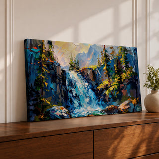 A panoramic abstract landscape painting of a cascading mountain waterfall flowing between rugged cliffs, surrounded by dense evergreen trees and illuminated by soft light, rendered in bold textured brushstrokes with vibrant blues, greens, and earthy tones that create depth, movement, and a dynamic natural composition.