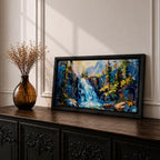 A panoramic abstract landscape painting of a cascading mountain waterfall flowing between rugged cliffs, surrounded by dense evergreen trees and illuminated by soft light, rendered in bold textured brushstrokes with vibrant blues, greens, and earthy tones that create depth, movement, and a dynamic natural composition.
