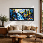 A panoramic abstract landscape painting of a cascading mountain waterfall flowing between rugged cliffs, surrounded by dense evergreen trees and illuminated by soft light, rendered in bold textured brushstrokes with vibrant blues, greens, and earthy tones that create depth, movement, and a dynamic natural composition.