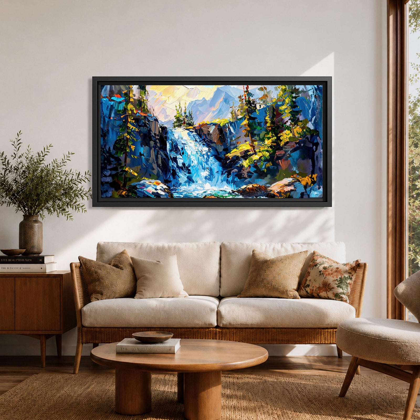A panoramic abstract landscape painting of a cascading mountain waterfall flowing between rugged cliffs, surrounded by dense evergreen trees and illuminated by soft light, rendered in bold textured brushstrokes with vibrant blues, greens, and earthy tones that create depth, movement, and a dynamic natural composition.
