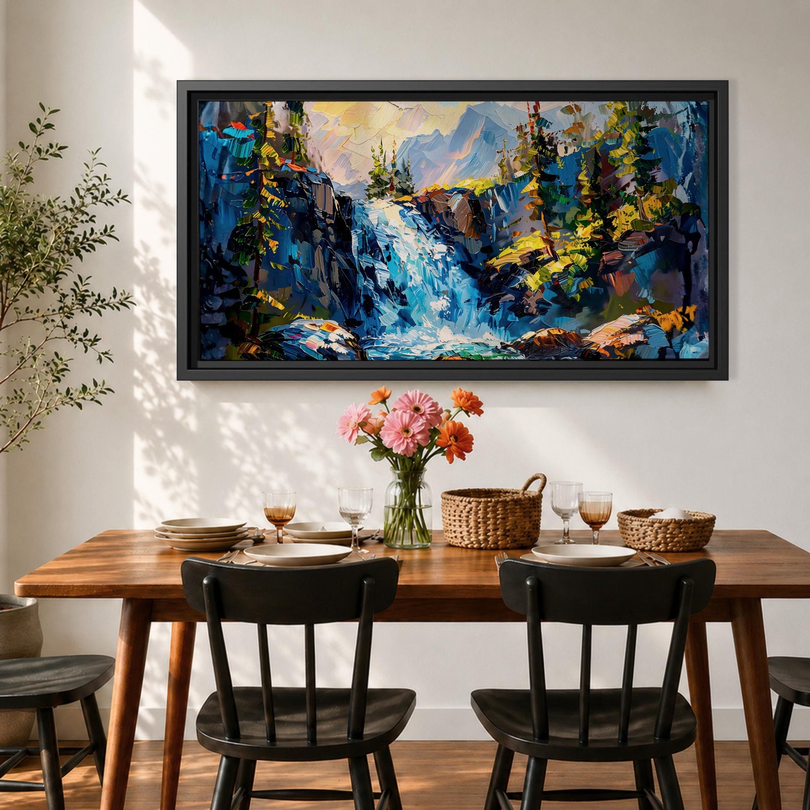 A panoramic abstract landscape painting of a cascading mountain waterfall flowing between rugged cliffs, surrounded by dense evergreen trees and illuminated by soft light, rendered in bold textured brushstrokes with vibrant blues, greens, and earthy tones that create depth, movement, and a dynamic natural composition.