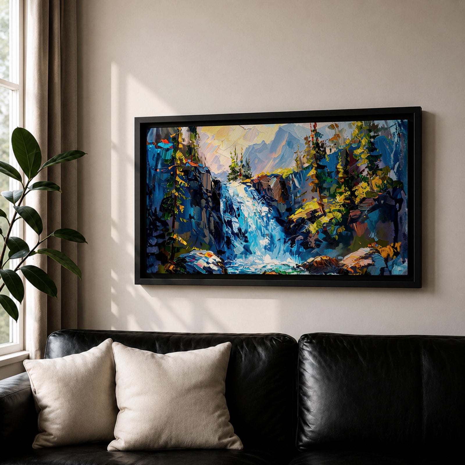 A panoramic abstract landscape painting of a cascading mountain waterfall flowing between rugged cliffs, surrounded by dense evergreen trees and illuminated by soft light, rendered in bold textured brushstrokes with vibrant blues, greens, and earthy tones that create depth, movement, and a dynamic natural composition.