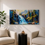 A panoramic abstract landscape painting of a cascading mountain waterfall flowing between rugged cliffs, surrounded by dense evergreen trees and illuminated by soft light, rendered in bold textured brushstrokes with vibrant blues, greens, and earthy tones that create depth, movement, and a dynamic natural composition.
