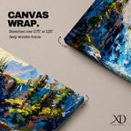 A panoramic abstract landscape painting of a cascading mountain waterfall flowing between rugged cliffs, surrounded by dense evergreen trees and illuminated by soft light, rendered in bold textured brushstrokes with vibrant blues, greens, and earthy tones that create depth, movement, and a dynamic natural composition.