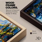 A panoramic abstract landscape painting of a cascading mountain waterfall flowing between rugged cliffs, surrounded by dense evergreen trees and illuminated by soft light, rendered in bold textured brushstrokes with vibrant blues, greens, and earthy tones that create depth, movement, and a dynamic natural composition.