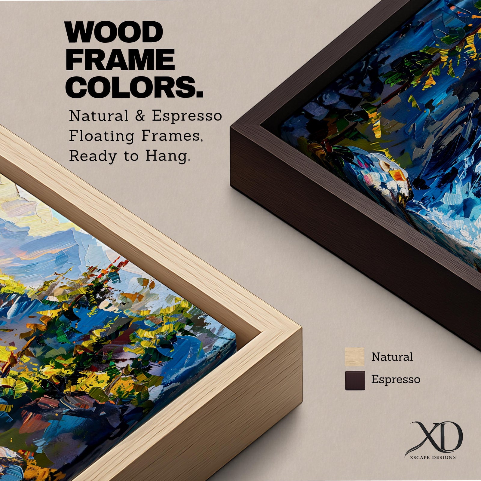A panoramic abstract landscape painting of a cascading mountain waterfall flowing between rugged cliffs, surrounded by dense evergreen trees and illuminated by soft light, rendered in bold textured brushstrokes with vibrant blues, greens, and earthy tones that create depth, movement, and a dynamic natural composition.