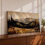 A panoramic landscape painting of a serene mountain valley with distant rugged peaks, surrounded by tall evergreen trees and autumn foliage, with a reflective stream or meadow in the foreground, rendered in soft earthy tones and textured brushstrokes that create depth, atmosphere, and a tranquil natural scene.