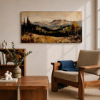 A panoramic landscape painting of a serene mountain valley with distant rugged peaks, surrounded by tall evergreen trees and autumn foliage, with a reflective stream or meadow in the foreground, rendered in soft earthy tones and textured brushstrokes that create depth, atmosphere, and a tranquil natural scene.