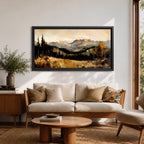 A panoramic landscape painting of a serene mountain valley with distant rugged peaks, surrounded by tall evergreen trees and autumn foliage, with a reflective stream or meadow in the foreground, rendered in soft earthy tones and textured brushstrokes that create depth, atmosphere, and a tranquil natural scene.